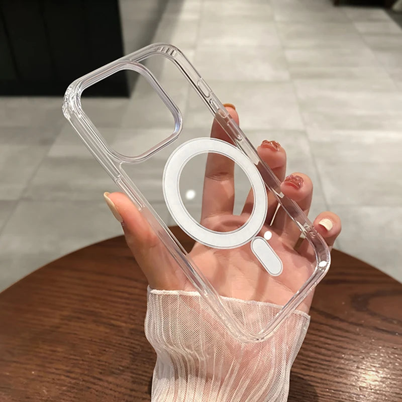 For Magesafe Magnetic Transparent Wireless Charge Case for Iphone 11 12 13 14 15 16 Pro Max plus Mini X 7 8 Shockproof PC Cover