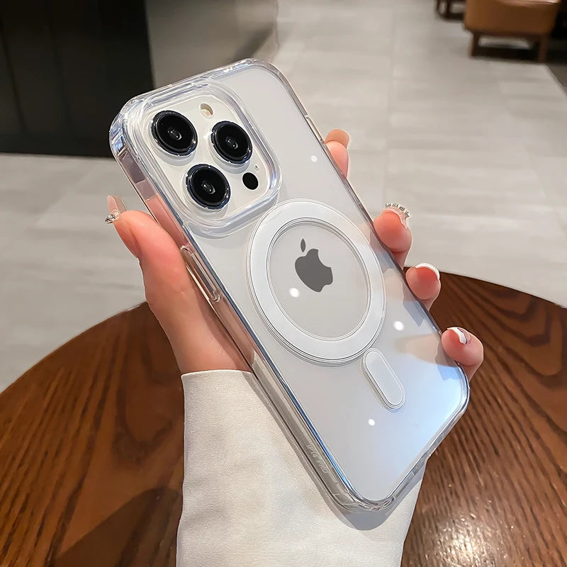 For Magesafe Magnetic Transparent Wireless Charge Case for Iphone 11 12 13 14 15 16 Pro Max plus Mini X 7 8 Shockproof PC Cover